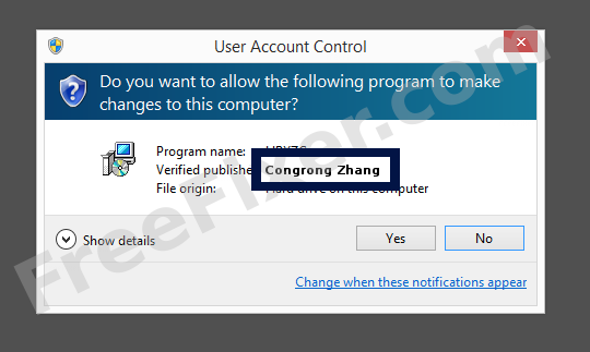 Screenshot where Congrong Zhang appears as the verified publisher in the UAC dialog